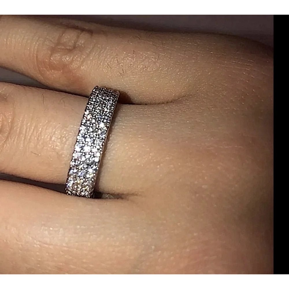 NEW 14k Gold‎ Plated S925 Triple Row Eternity Diamond Wedding Ring, Size 7.5